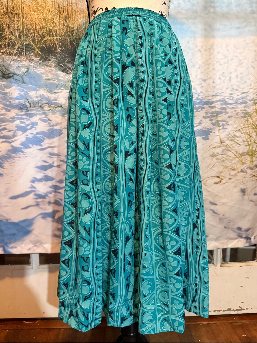 Vintage 90s Leslie Fay Teal Floral-Print Maxi Skirt